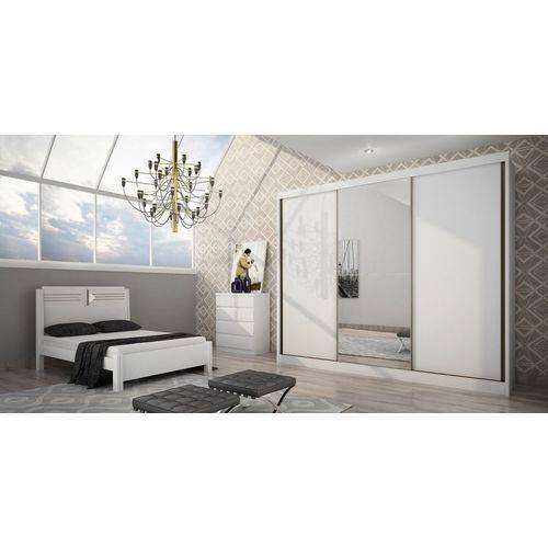 Dormitório Casal Completo com Espelho 3 Portas e 12 Gavetas Branco Alto Brilho Natus Novo Horizonte