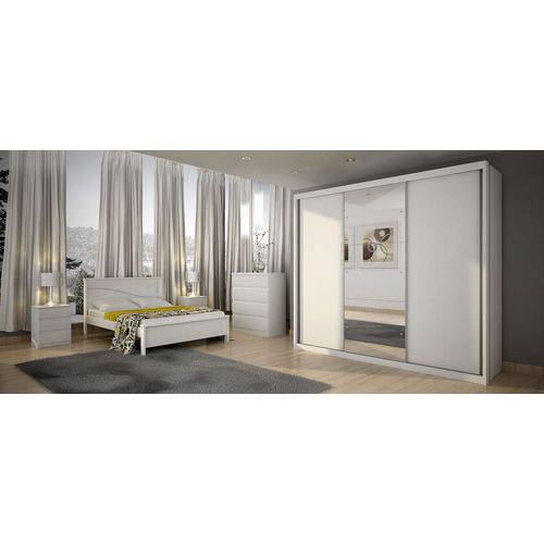 Dormitório Casal Completo com Espelho 3 Portas e 14 Gavetas Branco Alto Brilho Paradizzo