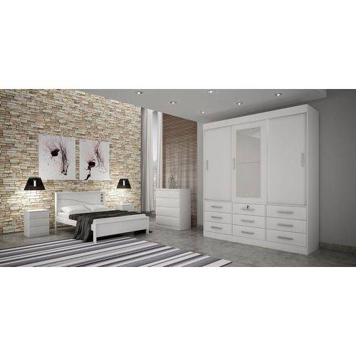 Dormitório Casal Completo com Espelho 3 Portas e 19 Gavetas Branco Alto Brilho Sonare Novo Horizonte