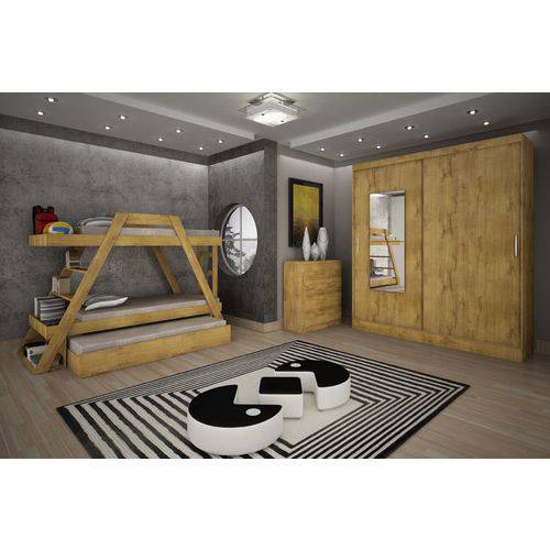 Dormitório Infantil Completo com Beliche e Auxiliar C/espelho 2 Portas 6 Gavetas Freijó Dourado Ônix