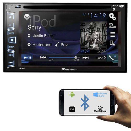 DVD Player Automotivo Pioneer AVH-298BT 2 Din 6,2 Pol Bluetooth USB AUX CD AM FM MP3 RCA Microfone