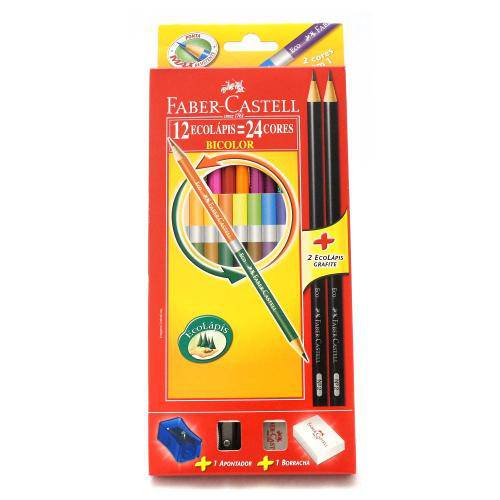Ecolápis Bicolor Faber Castell 12 Lápis = 24 Cores com 1 Apontador e 1 Borracha