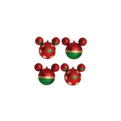 Enfeites de Natal Disney Bola Clássica Mickey Vermelho, Verde e Dourado - Pack com 4 Bolas 8cm