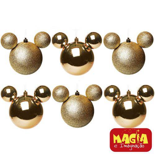Enfeites de Natal Disney Bola Dourada Mickey - Pack com 6 Bolas 6cm
