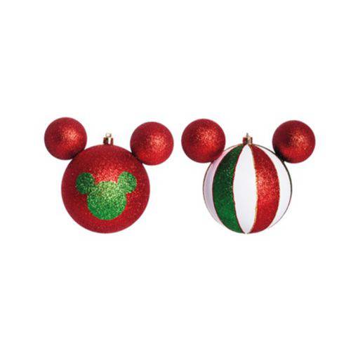 Enfeites de Natal Disney Mickey Bola Branco, Verde e Vermelho Cabeça e Meridianos - Pack com 6 Bolas 6cm