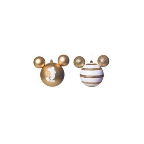 Enfeites de Natal Disney Mickey Silhueta e Listras Branco e Dourado - Pack com 4 Bolas 8cm