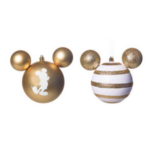 Enfeites de Natal Disney Mickey Silhueta e Listras Branco e Dourado - Pack com 6 Bolas 6cm