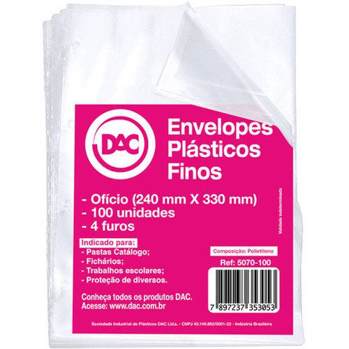 Envelope Plastico Oficio 4Furos Medio 0,10Mm Pct.C/100 Dac