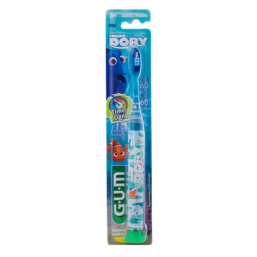 Escova Dental Infantil Gum Dory Timer Light 3+ Suave Macia Cores e Personagens Sortidos com 1 Unidade