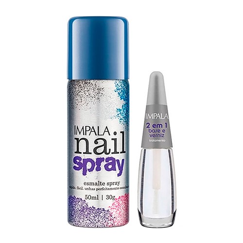 Esmalte Spray Impala Nail Spray Cor Azul com 50ml + Base 2 em 1 com 7,5ml