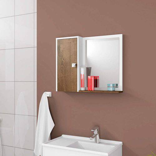Espelheira para Banheiro 1 Porta 2 Prateleiras Gênova Móveis Bechara Branco/Madeira Rústica