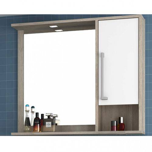 Espelheira para Banheiro com LED 1 Porta 2 Prateleiras e Nicho Luise Móveis Bosi Barrique/Branco