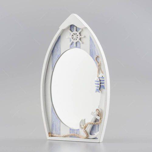 Espelho Barco Branco/Azul em Madeira - 43x25 Cm