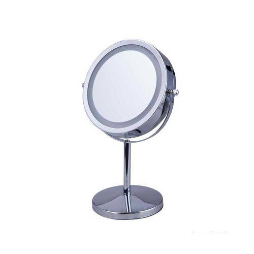 Espelho de Mesa Redondo 18cm Dupla Face com LED e Haste 17cm Prata Alterna