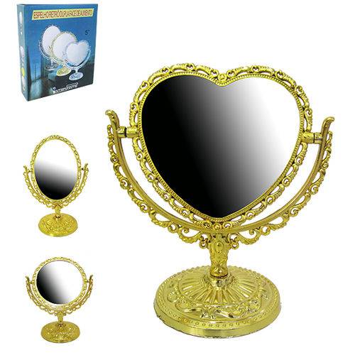 Espelho de Mesa Redondo Coracao Oval Dupla Face com Pedestal e Aumento 5