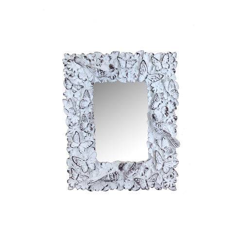 Espelho Indonésia Branco Provençal em Resina - Arte Retrô - 19x15 Cm.