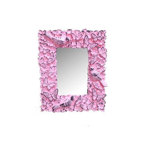 Espelho Indonésia Rosa Provençal em Resina - Arte Retrô - 19x15 Cm.