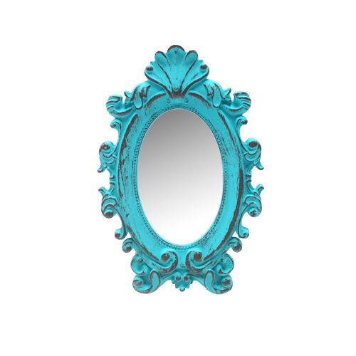 Espelho Zâmbia Azul Provençal em Resina - Arte Retrô - 23x15 Cm.