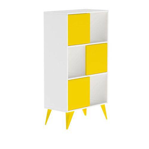 Estante Decorativa Multivisão Vivva 3 Prateleiras com Portas Deslizantes Branco e Amarelo