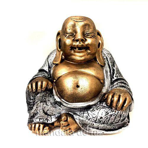 Estátua Buda Chinês Sorridente da Riqueza Dourado e Prateado 16cm