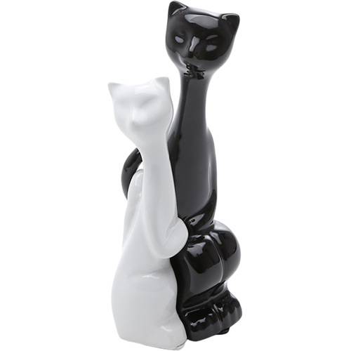 Estatueta Casal Gatos Amorosos Cerâmica 19cm Preta/Branca - Prestige