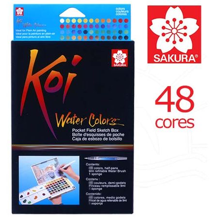 Estojo de Aquarela Koi Water Colors Portátil com Pincel Auto Umedecido - 48 Cores
