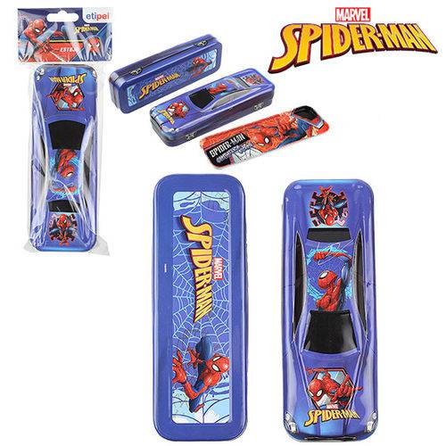 Estojo de Metal Lata Escolar Infantil Retangular com 2 Divisorias Homem Aranha Spider Man
