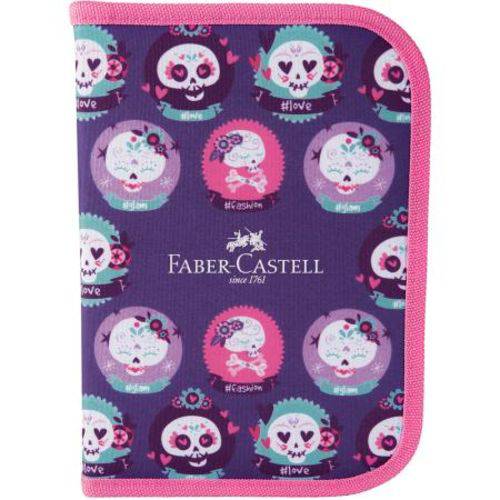 Estojo Escolar de Nylon Faber Castell Caveirinha Rosa 12 Cores + Kit