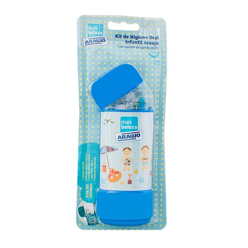 Estojo Infantil Araujo para Higiene Oral Azul Contém 1 Creme Dental 50g +1 Escova Dental + 1 Estojo + Suporte de Parede Grátis