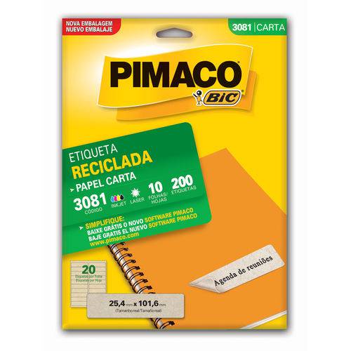Etiqueta Adesiva Pimaco Inkjet + Laser Reciclada 025.4 X 101.6 Mm 200 Un 3081