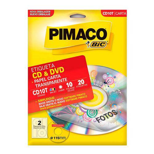 Etiqueta Carta CD 10 Fls 002 115,0 Pimaco Transparente CD10T 20 Etiq
