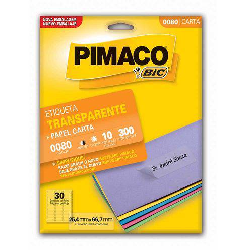 Etiqueta Pimaco Transparente 0080 com 10 Folhas 300et 25,4x66,7