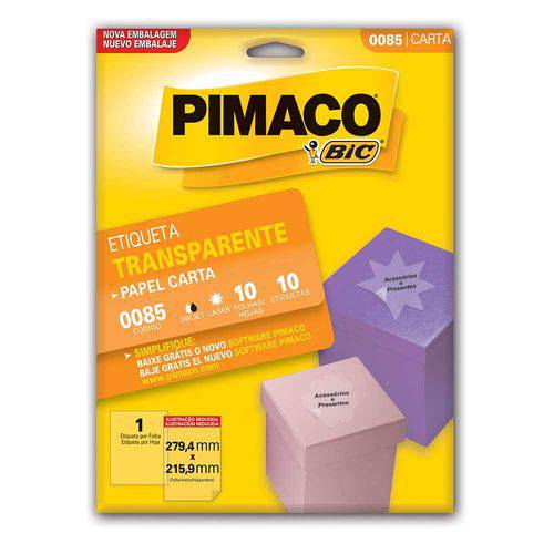 Etiqueta Pimaco Transparente 0085 com 10 Folhas 10et 279,4x215