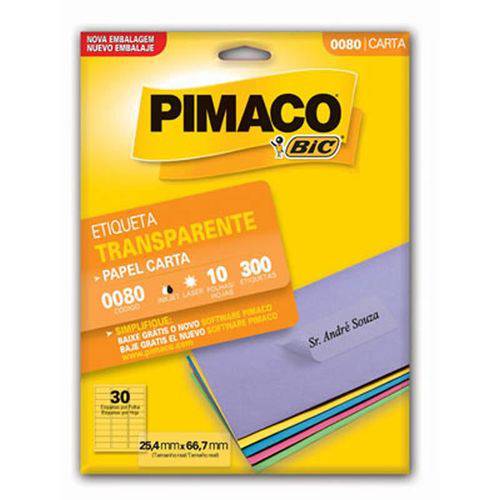 Etiqueta Pimaco Transparente com 10 Fls 25,4x66,7 0080 05845