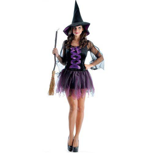 Fantasia Bruxa Sensual Adulto Halloween com Chapéu