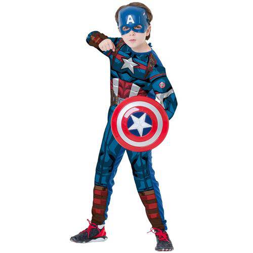 Fantasia Capitão América Clássico Infantil Longo com Escudo e Máscara