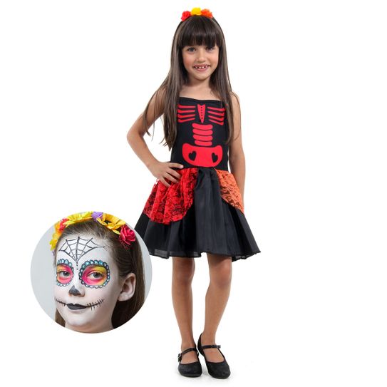 Fantasia Caveira Mexicana com Maquiagem Infantil - Halloween P