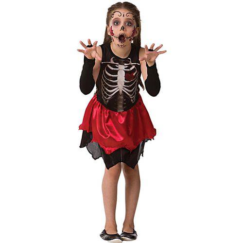 Fantasia Caveira Mexicana Esqueleto com Luvas Infantil Feminina