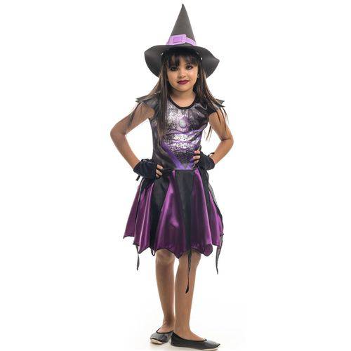 Fantasia de Bruxa com Chapéu e Luvas Angeline Roxa Halloween Infantil