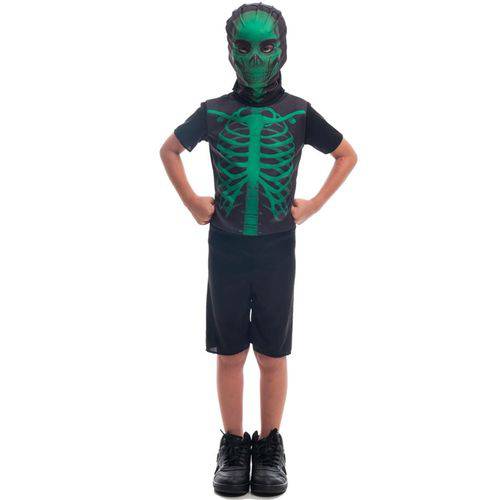 Fantasia de Esqueleto Verde Curta com Gorro Halloween Infantil