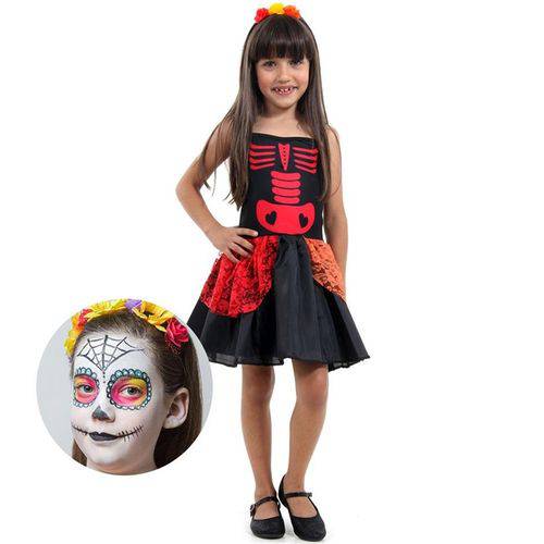 Fantasia de Halloween Infantil Caveira Mexicana com Maquiagem