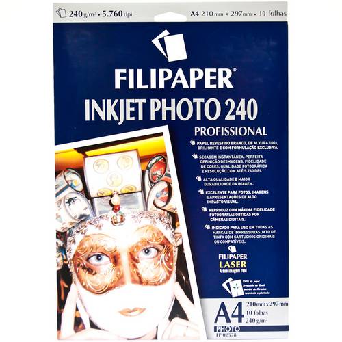 Filipaper Inkjet Photo Pro Filiperson 240gr A4 Pacote com 10 Folhas