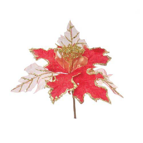 Flor Artificial Decoração Natal Poinsetia C/ Glitter Vermelha