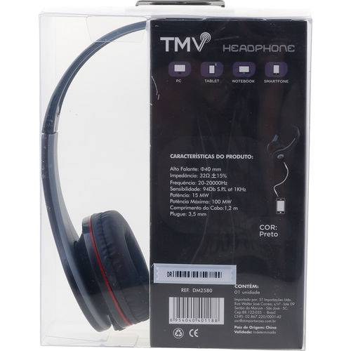 Fone de Ouvido Headphone DM2580 Preto TMV