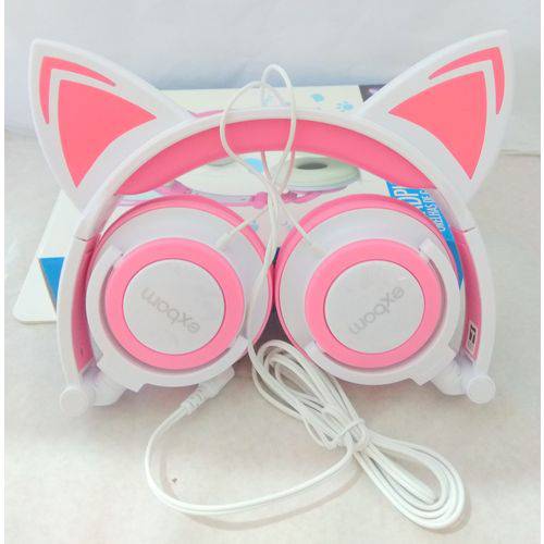 Fone Headphone com Led Orelha de Gato Branco e Rosa HF-C22
