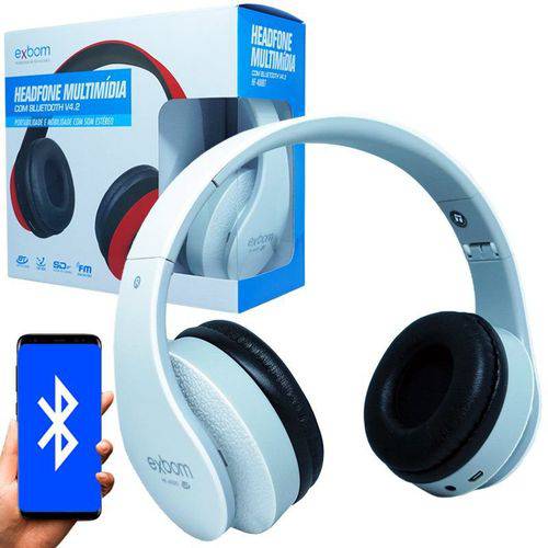 Fone Ouvido Headphone Bluetooth Sem Fio Dobrável Estéreo Fm Micro Sd Mp3 P2 Exbom HF-400BT Branco