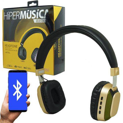 Fone Ouvido Headphone Bluetooth Sem Fio Led Moderno Estéreo P2 Infokit HBT-240 Preto Dourado