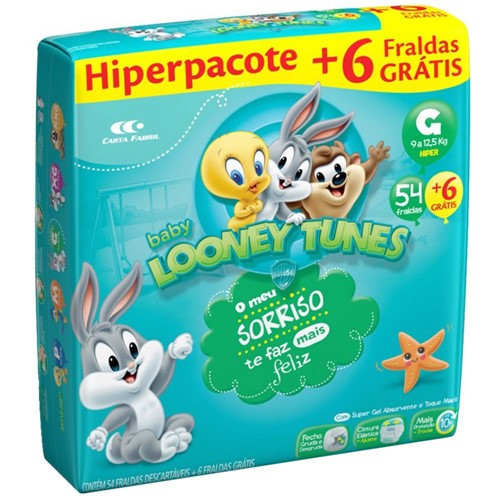 Fralda Baby Looney Tunes Tamanho G Pacote Hiper 54 Fraldas Descartáveis + 6 Fraldas Grátis