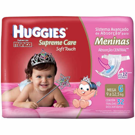 Fralda Huggies Supreme Care Soft Touch Mega Feminina Tamanho G com 32 Unidades