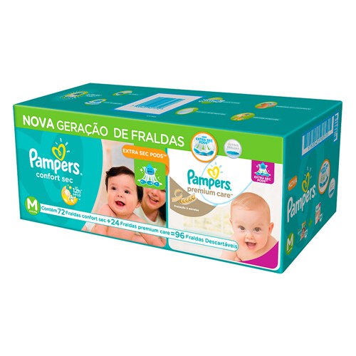 Fralda Pampers Confort Sec Tamanho M com 72 Fraldas Descartáveis + Pampers Premium Care com 24 Fraldas Descartáveis
